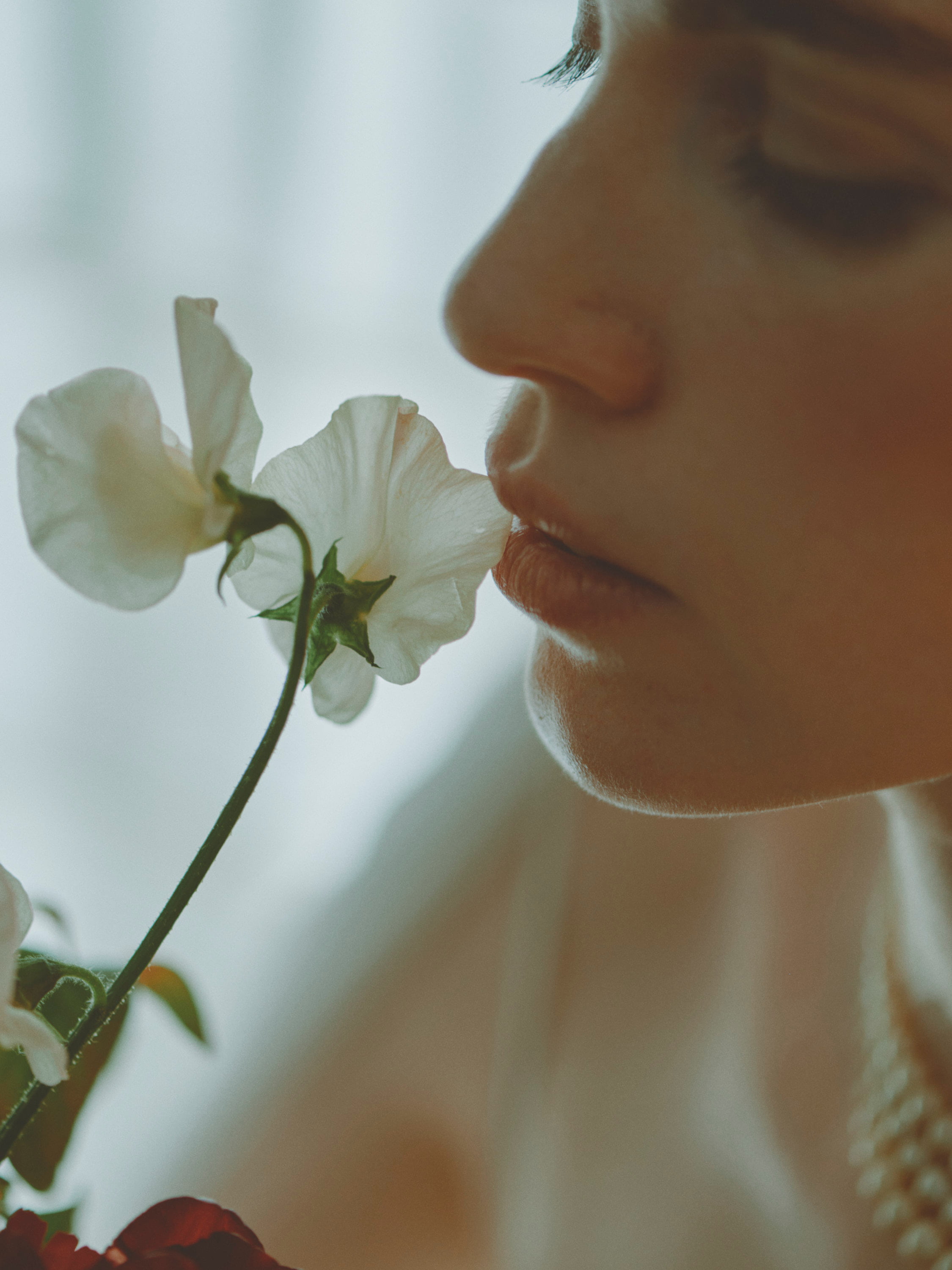 Bride kissing a flower