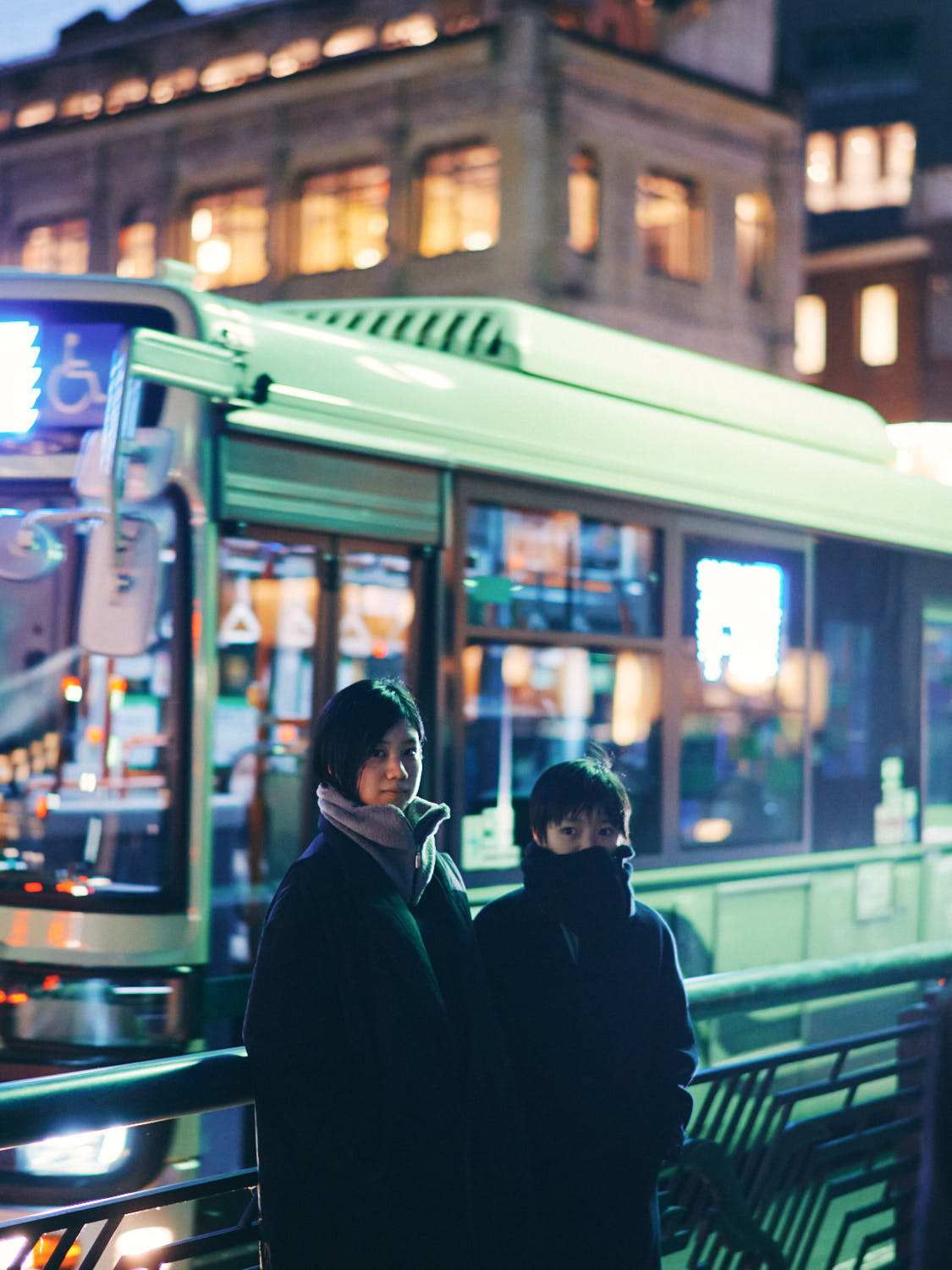 at shijo ohashi with a city bus